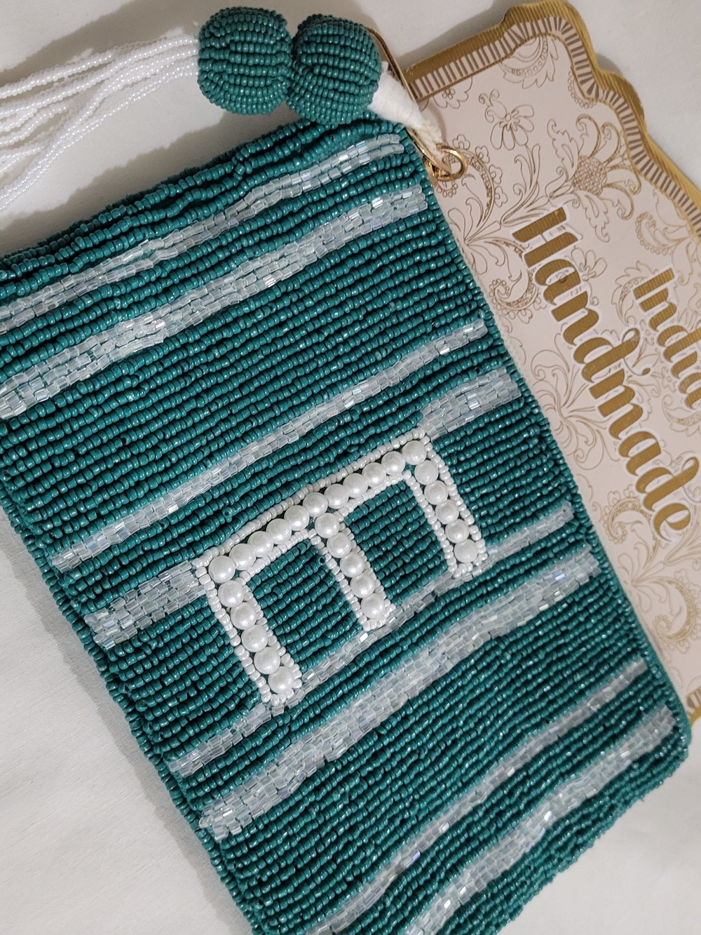 Teal Beaded Handbag Clutch with Pearls "E" Embroidery Accent.